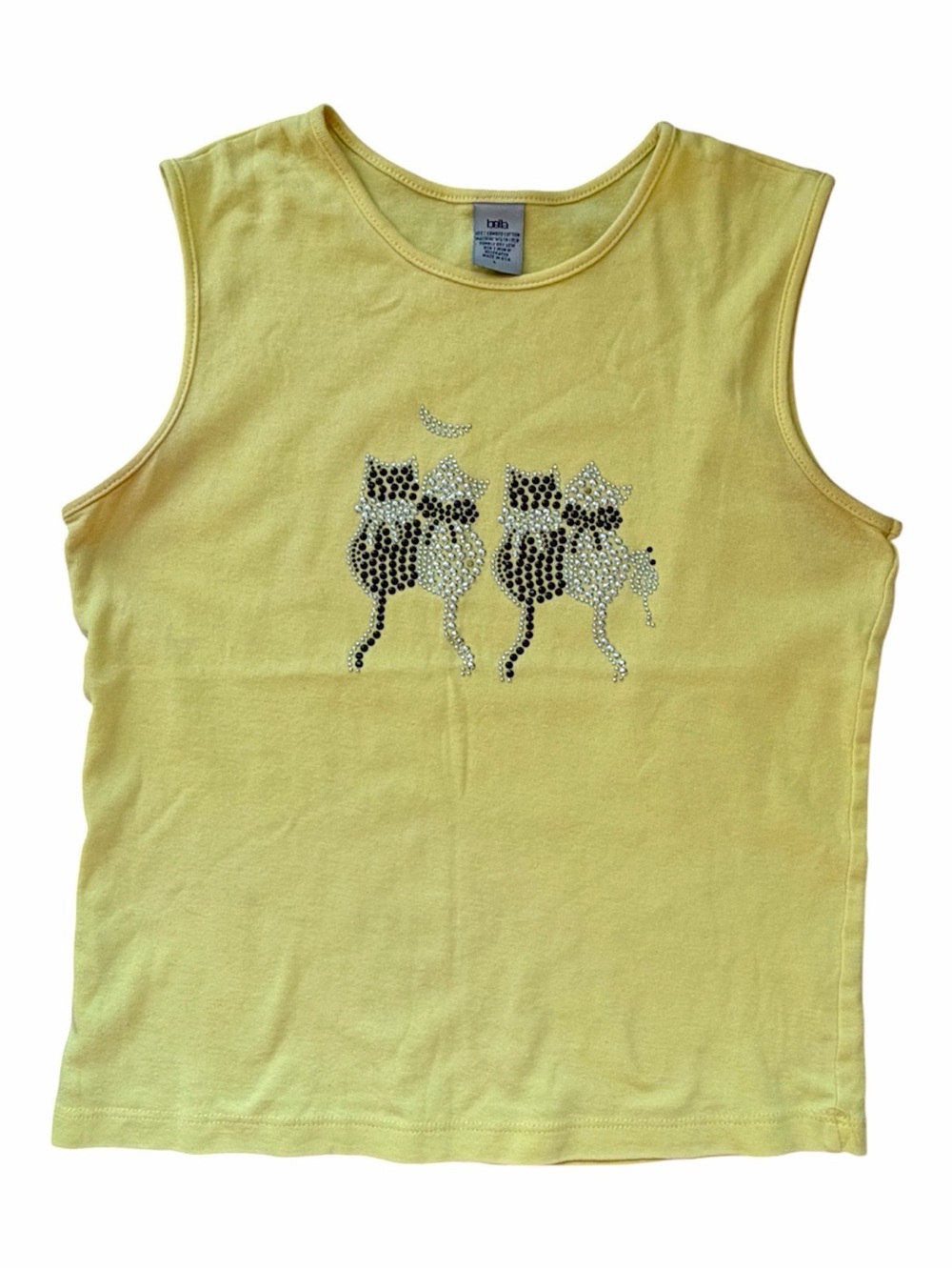 Vintage Bella Made in USA Yellow Cat Rhinestone Tank Top Y2K Combed Cotton